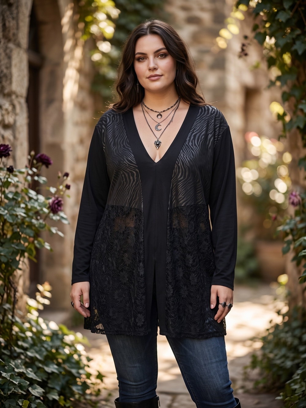 Whimsigoth Black Mixed Media Lace Satin Tunic Top V-Neck Goth Fairycore